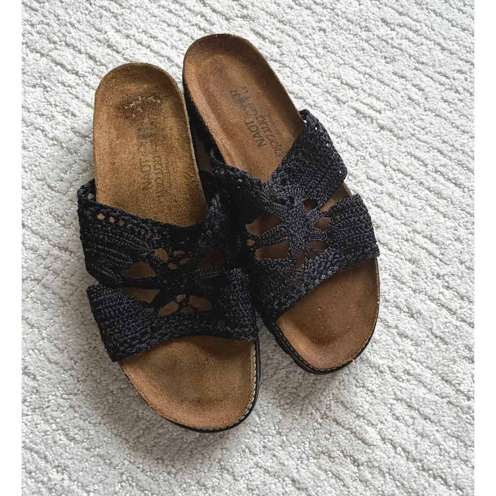 Naot‎ Women Black Crochet Knit Slide Sandals Comfort Footbed Made in Israel 37